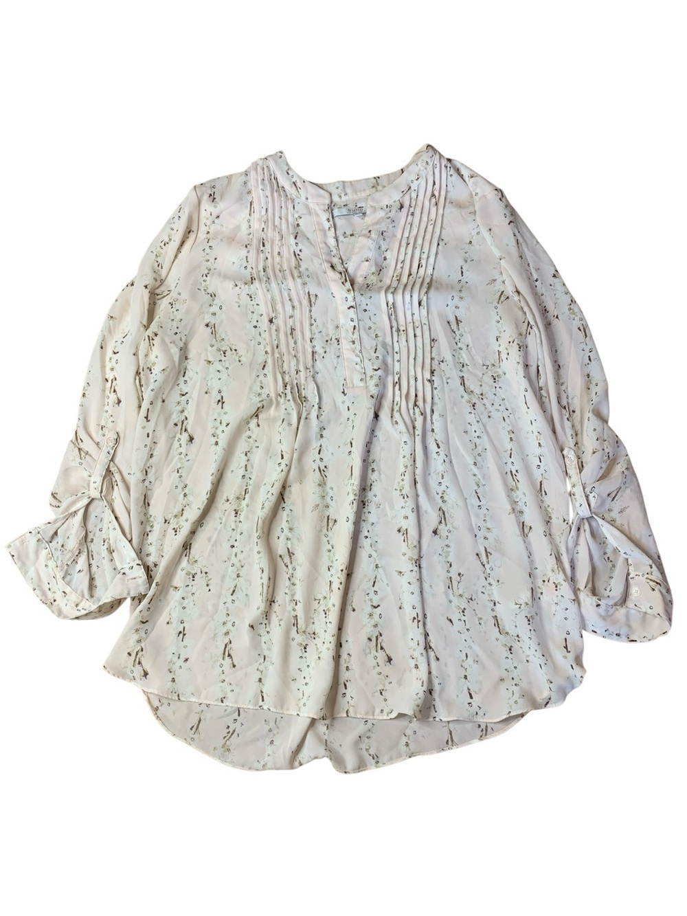 SUNG Alfred Sung Floral Pleat-Front Roll-Tab Sleeve Blouse Light Pink Large